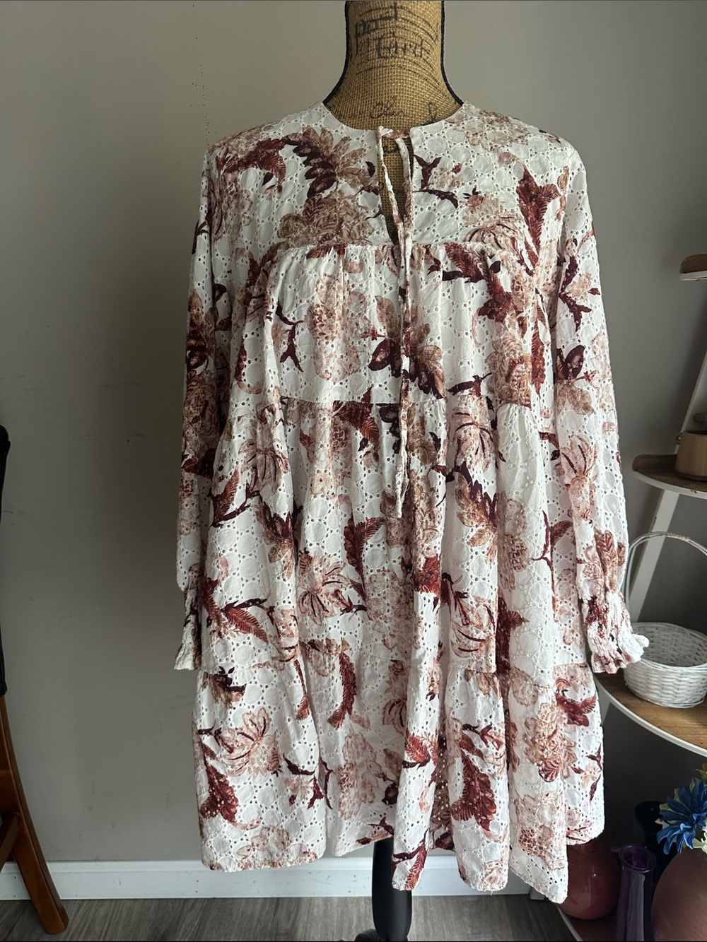 En Saison White Eyelet Long Sleeve Tiered Dress with Brown Floral Print